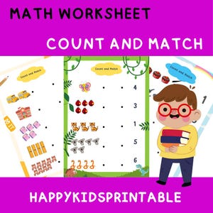 Może przedstawiać: Drukowana karta pracy z matematyki dla dzieci z ćwiczeniem polegającym na liczeniu i dopasowywaniu. Karta pracy zawiera kolorową postać z kreskówki i różne obrazki zwierząt, owadów i przedmiotów. Karta pracy zawiera liczby od 1 do 6.