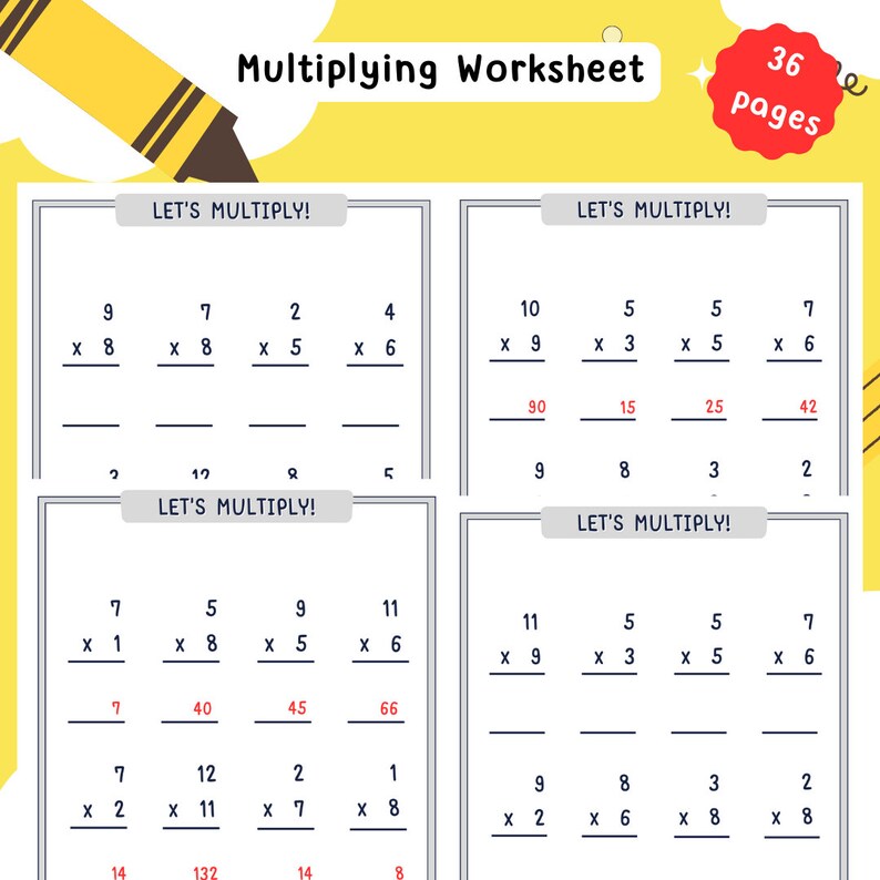 36 Printable Multiplication Worksheets, Multiplying Practice, Fill in ...