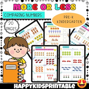 Hoja de trabajo "Más o menos": Comparación de números para jardín de infantes (Descarga digital)