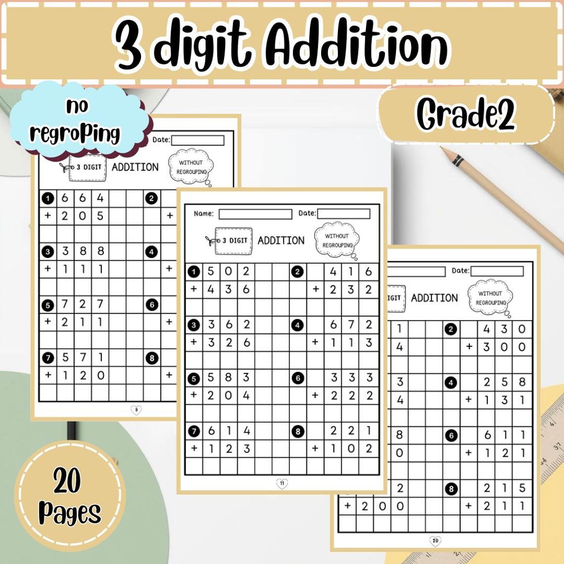 3-digit Addition Worksheet: No Regrouping, Grid Math (PDF) - Etsy