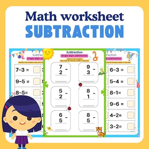 23 Printable Subtraction, Fill in the Blanks Worksheets, Math worksheet, Single digit subtraction,  Instant download, Kindergarten