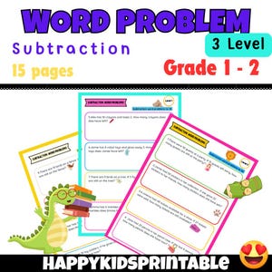 May include: A set of printable worksheets for teaching subtraction word problems to children in Year 1 and Year 2. The worksheets feature colourful illustrations of a dinosaur, a robot, a bird, and a pencil. The worksheets are divided into three levels of difficulty, with the first level focusing on subtraction problems up to 10. The worksheets are designed to help children develop their problem-solving skills and improve their understanding of subtraction.