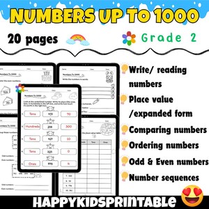 May include: A colorful printable worksheet pack for second grade students, featuring the text "Numbers Up To 1000" and "20 pages". The worksheet pack includes activities for writing, reading, and comparing numbers, as well as place value, expanded form, odd and even numbers, and number sequences.