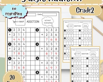 3-Digit Addition Worksheet: No Regrouping, Grid Math (PDF)
