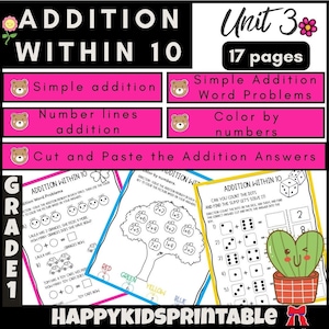 May include: Educational printable worksheets for Grade 1, focusing on addition within 10. Includes simple addition, number lines, word problems, and color-by-number activities. Features a cactus illustration and the text "HAPPYKIDSPRINTABLE".