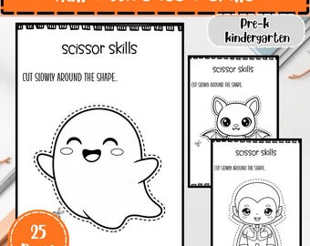 Halloween Scissor Fertigkeit Arbeitsblätter: 25 Ausmalseiten zum Ausschneiden und Einfügen (PDF)