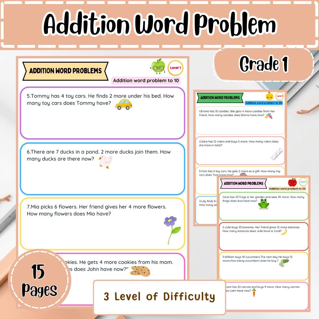 Grade 1-2 Addition Word Problems: 3-level Math Worksheets (PDF) - Etsy