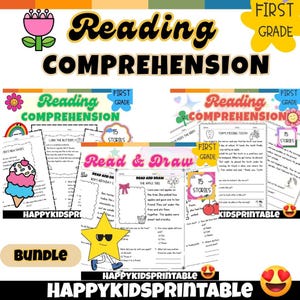 Puede incluir: Un paquete de hojas de trabajo de comprensión lectora de primer grado. Las hojas de trabajo presentan ilustraciones y texto coloridos, incluyendo las palabras "Comprensión lectora", "Primer grado" y "15 historias". El paquete incluye actividades de "Leer y dibujar".