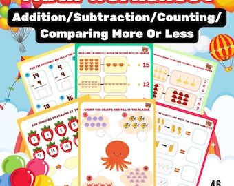 Kindergarten Math Worksheet: Counting, Addition, Subtraction (Digital Download)