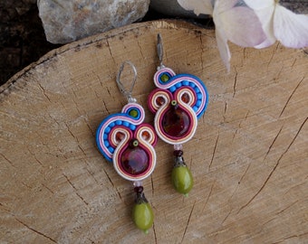 Green drop shape earrings, earrings for women, soutache earrings with crystals, unique handmade soutache jewelry, sparkling earrings