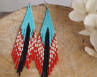 Statement colorful fringe earrings. Red seed beads earrings. Artsy geometry earrings. Long dangle earrings. Colorful handmade jewelry.