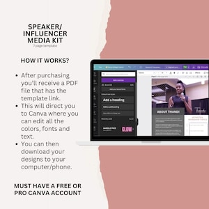 May include: A laptop computer screen showing a Canva design template for a speaker or influencer media kit. The template includes a section for "About Thandi" and "Keynote & Workshop Topics". The text "MUST HAVE A FREE OR PRO CANVA ACCOUNT" is displayed at the bottom of the screen.