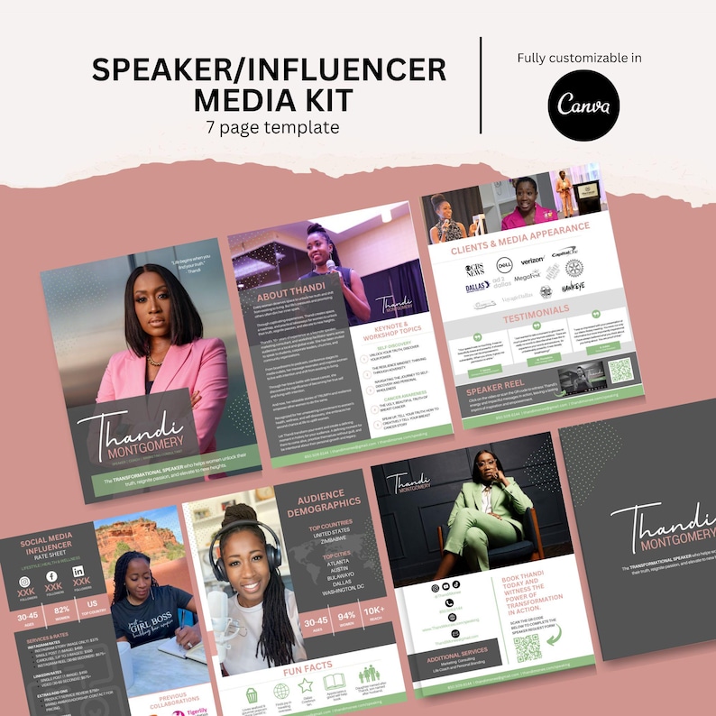 May include: A speaker media kit template with a green and gray color scheme. The kit includes pages for "About Thandi", "Clients & Media Appearance", "Audience Demographics", "Fun Facts", "Testimonials", and "Speaker Reel".