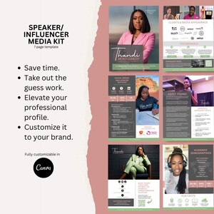 May include: A pink and white media kit template for a speaker or influencer. The template includes a headshot of the speaker, a list of clients and media appearances, testimonials, a speaker reel, and information about the speaker's audience demographics. The text "SPEAKER/INFLUENCER MEDIA KIT" is at the top of the page. The text "Thandi MONTGOMERY" is in the center of the page. The text "SOCIAL MEDIA INFLUENCER RATE SHEET" is in the center of the page. The text "ABOUT THANDI!" is in the center of the page. The text "AUDIENCE DEMOGRAPHICS" is in the center of the page. The text "FUN FACTS" is in the center of the page.