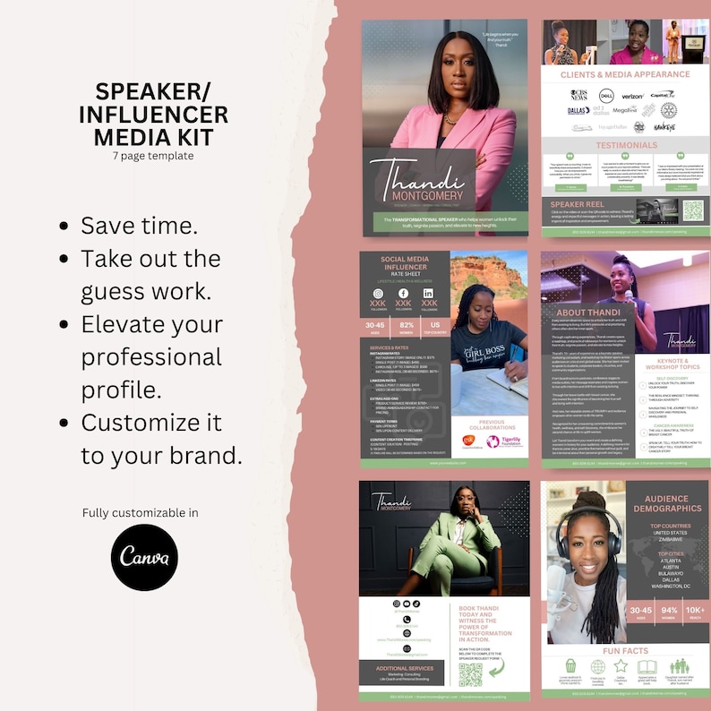 May include: A pink and white media kit template for a speaker or influencer. The template includes a headshot of the speaker, a list of clients and media appearances, testimonials, a speaker reel, and information about the speaker's audience demographics. The text "SPEAKER/INFLUENCER MEDIA KIT" is at the top of the page. The text "Thandi MONTGOMERY" is in the center of the page. The text "SOCIAL MEDIA INFLUENCER RATE SHEET" is in the center of the page. The text "ABOUT THANDI!" is in the center of the page. The text "AUDIENCE DEMOGRAPHICS" is in the center of the page. The text "FUN FACTS" is in the center of the page.