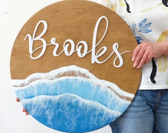 Baby name crib sign 3D baby Boy Room Round Sign with waves Ocean themed nursery Baby name reveal Resin name plaque Wood name board