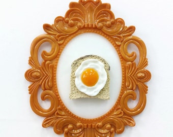 Scrambled eggs in vintage frame Food pop art Breakfast painting 3D eggs sculpture Resin Art Retro decoration Fake food Modern wall art