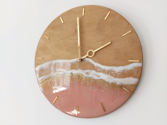 Rose Gold Ocean Wall Clock Resin Art for beachy room decor Pink Epoxy Wave Design Sea Wood Clock