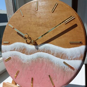 Rose Gold Ocean Wall Clock Resin Art for beachy room decor Pink Epoxy Wave Design Sea Wood Clock image 9