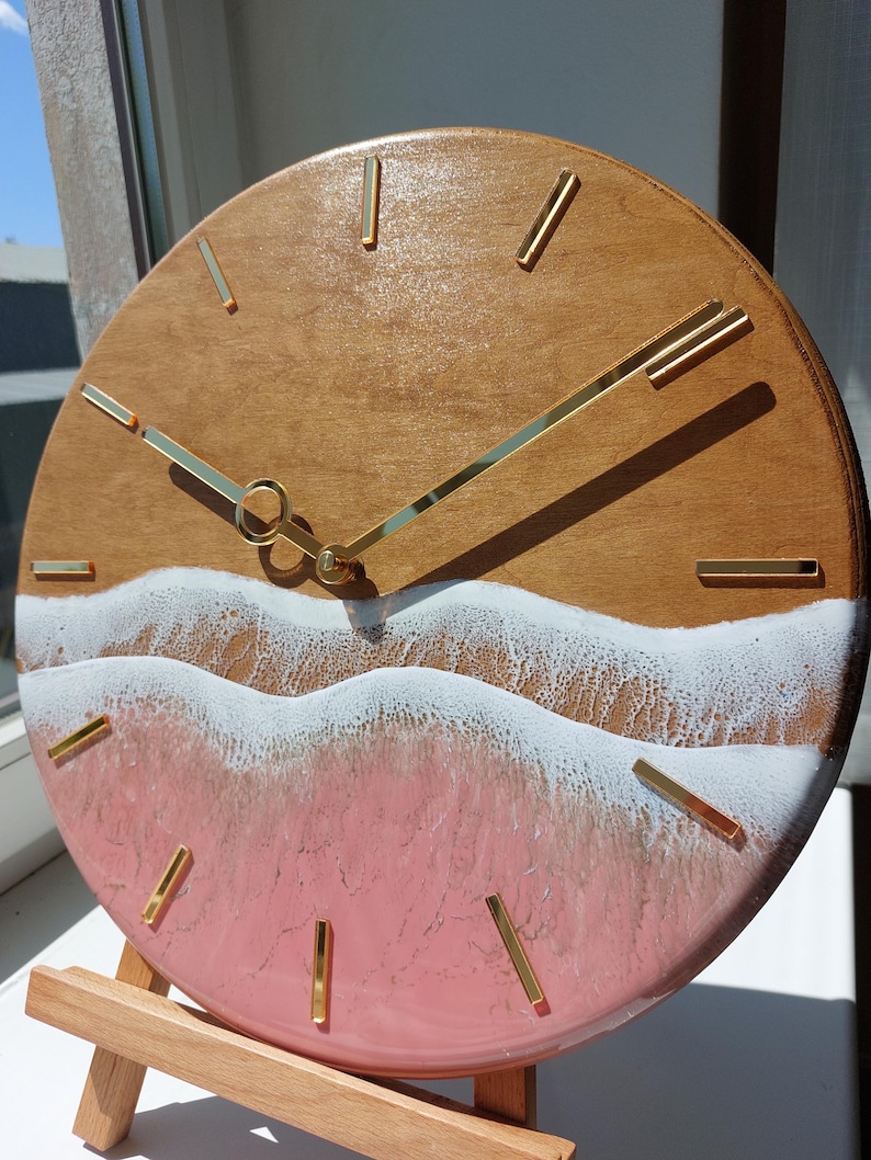 Rose Gold Ocean Wall Clock Resin Art for beachy room decor Pink Epoxy Wave Design Sea Wood Clock image 9
