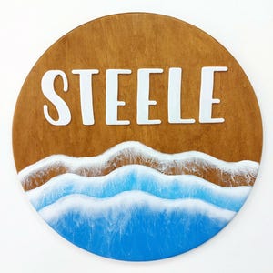 Letrero redondo para habitación de bebé, letrero para cuna con nombre de bebé en 3D con ondas, guardería con temática del océano, placa de resina para revelar el nombre del bebé, tablero de madera para revelar el nombre