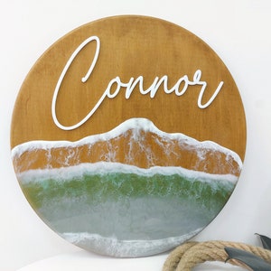 Letrero para cuna de bebé, letrero con nombre de bebé en 3D, letrero con nombre redondo, letrero con temática del océano, letrero con nombre para bebé, letrero con nombre de resina, tablero de madera para nombres