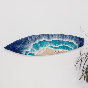 Surfboard Wall Resin Art - Epoxy Ocean Decor  - Beach House Decor - Sea with Shells - Surfer Lover Gift