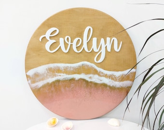 Baby girl crib sign 3D baby name sign Name sign round Ocean themed nursery Baby name reveal Resin name plaque Wood name board