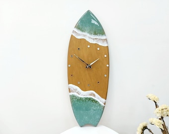 Surfboard Clock With Ocean Waves Beachy Room Decor Surfboard Wall Art Sage green Sea Resin Art Surfboard Gift Wall Clock