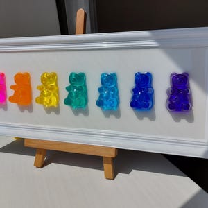 Pop Art 3D Rainbow Gummy Bears – Modern Wall Art in Stylish White Frame – Resin Decor 24x10 Inches