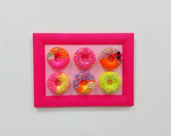 Wall Hanging Donuts Resin Wall Art 3D Pop Art Food Art Neon Nursery Decor Donut Sculpture Wood frame