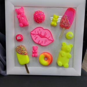 Pop Art Popsicle 3D Candy Painting Donut Gummy bear sculpture in frame Neon Epoxy wall hanging