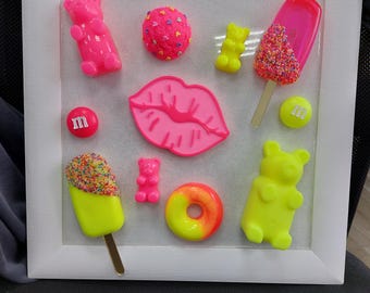 3D Pop Art Candy Painting Donut Gummy bear sculpture in frame Neon Epoxy wall hanging
