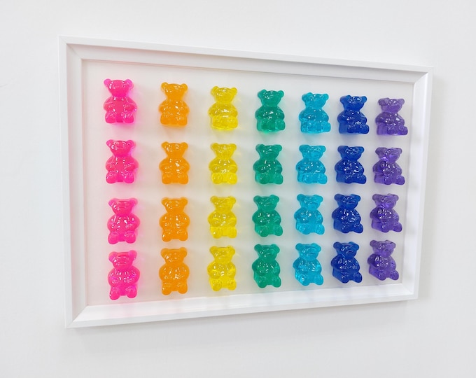 Bright Rainbow Gummy Bear Pop Art 3D Resin Sculpture Wall hanging Wall Art Resin Kids Room Decor Modern Galery Framed Candy Decor 12 x 17''