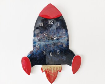 Reloj cohete resina epoxi tema espacial decoración de habitación para niños diseño de galaxia de nave espacial