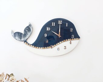 Ocean Nursery Wall Decor Whale Clock Handmade Kid's Room Decor Epoxy Sea Themed Bedroom Decor