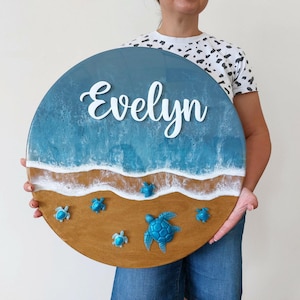 Baby name sign for beach themed nursery Above crib sign Ocean insipred with Turtles 3D Round Sign Waves Baby name reveal Epoxy Resin art