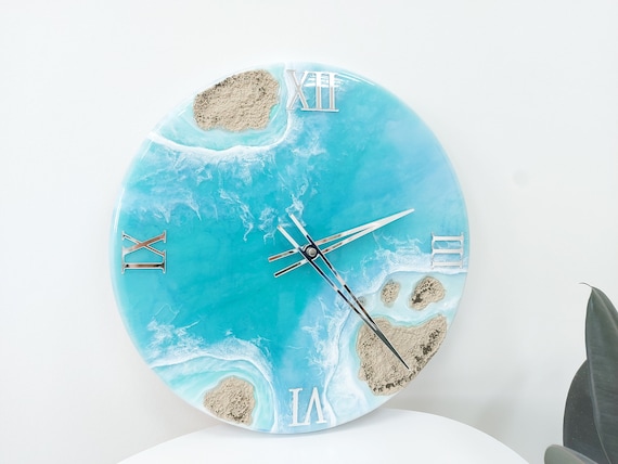 Blue Ocean with Islands Resin Art Wall Clock for beachy room decor Epoxy Wave Design Sea Clock 14 inch