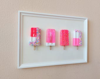 3D Pop Art Ice Cream Pops-muurdecoratie: neonroze ijs, regenbooghagelslag