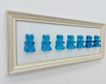 Hars muurhanger aquablauw gummybeer muurkunst jumbo lijst moderne popart 3D hars kinderkamer decor snoep decor 21 x 13''