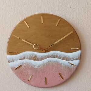 Rose Gold Ocean Wall Clock Resin Art for beachy room decor Pink Epoxy Wave Design Sea Wood Clock image 5
