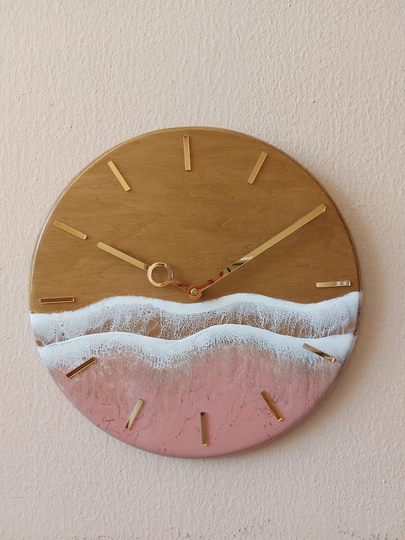 Rose Gold Ocean Wall Clock Resin Art for beachy room decor Pink Epoxy Wave Design Sea Wood Clock image 5