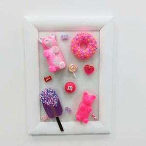 3D Pop Art Pops Candy Painting Donut Gummy bear sculpture in frame Marshmallow M&M Dopamine decor