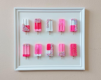 Roze en witte ijssamenstelling, neon ijslolly muurkunst – leuk 3D pop-art decor, handgemaakte epoxyharskunst, uniek cadeau