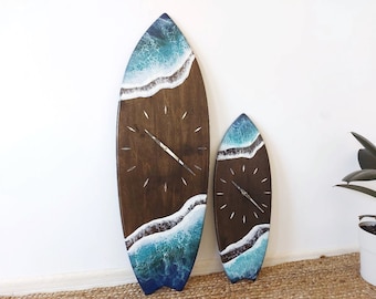 Surfboard Clock With Ocean Waves Beachy Room Decor Surfboard Wall Art Turquoise Sea Resin Art Surfboard Gift Wall Clock