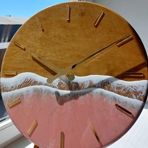 Rose Gold Ocean Wall Clock Resin Art for beachy room decor Pink Epoxy Wave Design Sea Wood Clock image 7