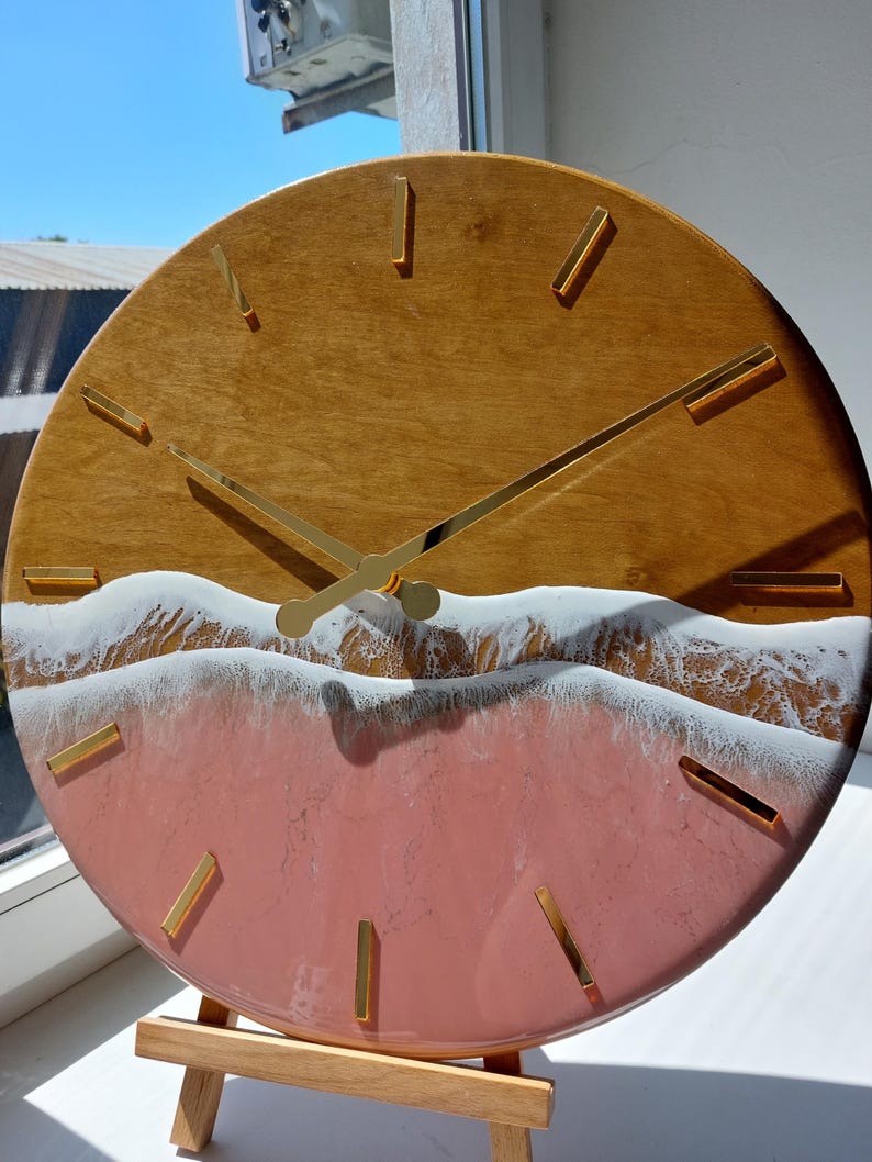 Rose Gold Ocean Wall Clock Resin Art for beachy room decor Pink Epoxy Wave Design Sea Wood Clock image 7