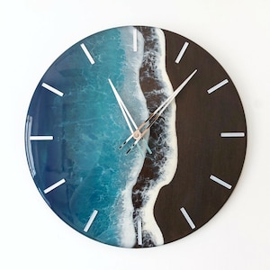 Turquoise Blue Ocean Wall Clock Resin Art for beachy room decor Epoxy Wave Design Sea Clock
