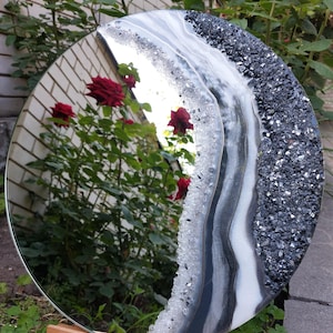 Miroir de luxe en résine époxy noir et argent, art mural en cristal fait main, pour intérieurs modernes, miroir, décoration murale, miroir rond