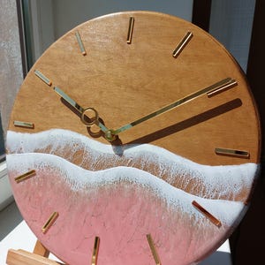 Rose Gold Ocean Wall Clock Resin Art for beachy room decor Pink Epoxy Wave Design Sea Wood Clock image 6